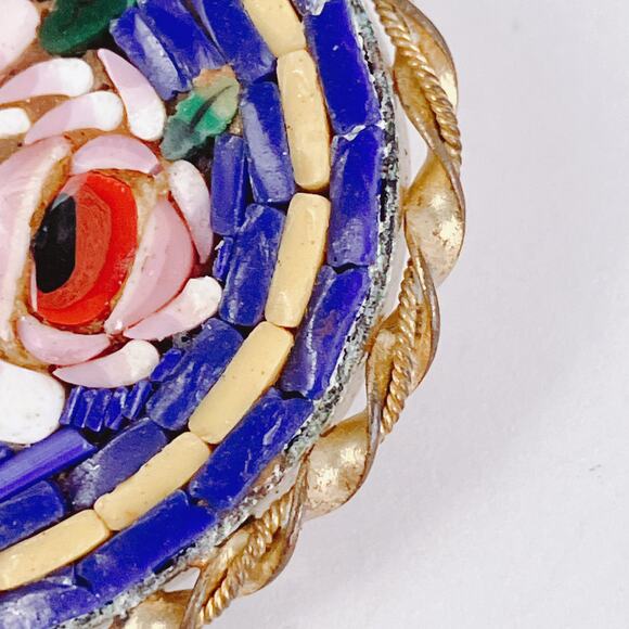 Vintage Italian Art Deco Micro Mosaic Brooch Floral Brass Oval C Clasp Pin 1930s - Picture 6 of 9